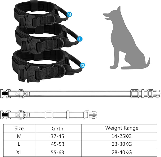 Coleira Tática para Cães | Nylon Ajustável com Fivela de Metal e Alça de Controlo