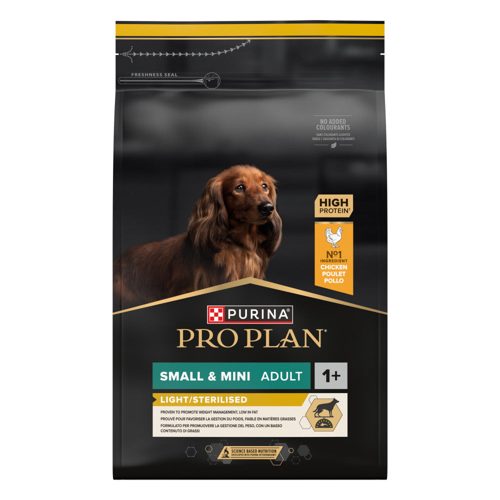 Pro Plan Light/Sterilised Small & Mini - Ração seca para cão adulto pequeno para controlo do peso - Frango