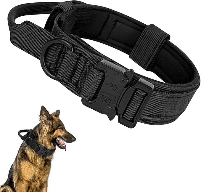 Coleira Tática para Cães | Nylon Ajustável com Fivela de Metal e Alça de Controlo