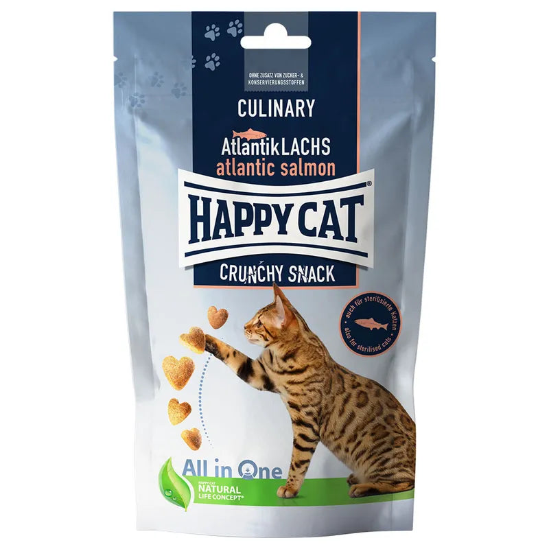 Happy Cat Culinary Crunchy Snack Salmão do Atlântico para gatos, embalagem de 70 g